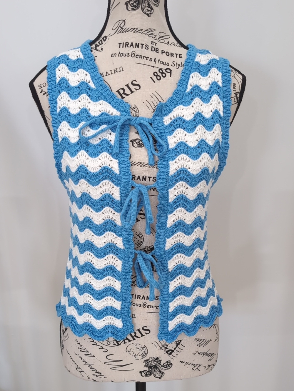 JOIE | Women's Blue/White Crochet Tie-Front Reversable Sweater Vest